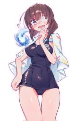 1girl blue_fire blue_one-piece_swimsuit blush brown_hair clothing_cutout covered_erect_nipples covered_navel eyepatch fire heaven_burns_red highres hiiragi_kozue medium_hair name_tag navel_cutout nmyk_pancake old_school_swimsuit one-piece_swimsuit one_eye_covered purple_eyes school_swimsuit swimsuit