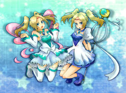 2girls ameta_(pixiv598197) blonde_hair blue_background blue_skirt dress fenimore fenimore_xelhes long_hair magical_girl multiple_girls puffy_sleeves siblings sisters skirt tales_of_(series) tales_of_legendia thighhighs thyra thyra_welzes twins twintails white_legwear