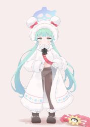 1girl animal_ears aqua_hair blue_archive blue_hair blush boots bow coat full_body fur_trim green_eyes green_hair hat highres holding jacket loli long_hair long_sleeves looking_at_viewer momiji_(blue_archive) morita_(mofuball319) multicolored_hair navel panties pantyhose shoes simple_background sleeves_past_wrists smile solo standing twintails underwear very_long_hair