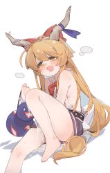1girl absurdres bare_shoulders barefoot blonde_hair blush bow bowtie brown_horns drunk fang gourd gumingdi_ban hair_bow highres holding holding_gourd horn_bow horn_ornament horns ibuki_suika long_hair looking_at_viewer low-tied_long_hair open_mouth purple_bow purple_skirt red_bow red_bowtie shirt sidelocks simple_background sitting skin_fang skirt sleeveless sleeveless_shirt solo spill touhou very_long_hair wet wet_clothes white_background white_shirt yellow_eyes