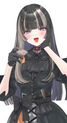 Rule 34 | 1girl, absurdres, ascot, belt, black ascot, black belt, black bow, black dress, black gloves, black hair, blue eyes, blunt bangs, blush, bow, breasts, choker, choko (cup), commentary, corset, cowboy shot, cross-laced clothes, cup, dress, frilled dress, frilled sleeves, frills, gem, gloves, gothic lolita, grey hair, hand on own cheek, hand on own face, highres, holding, holding cup, hololive, hololive dev is, juufuutei raden, juufuutei raden (1st costume), lace, lace choker, lolita fashion, long hair, looking at viewer, medium breasts, multicolored hair, nerorigogo, open mouth, red gemstone, sidelocks, simple background, smile, solo, standing, straight hair, streaked hair, two-tone hair, virtual youtuber, white background