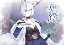 1girl absurdres animal_ear_fluff animal_ears azur_lane blue_eyes blurry blurry_background breasts cleavage closed_mouth commentary cowboy_shot dated_commentary expressionless fox_ears fox_girl fox_tail highres holding holding_sheath holding_sword holding_weapon japanese_clothes kaga_(azur_lane) katana kitsune large_breasts looking_at_viewer multiple_tails night night_sky outdoors pointing_melee_weapon pointing_sword sakuramon samip sheath short_hair sky solo sword tail translation_request unsheathed weapon white_hair white_tail