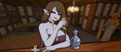 1girl 2girls alcohol bar_(place) black_choker blonde_hair breasts breton brown_hair choker cleavage colored_sclera colored_skin commission corset cup dark_elf dress drinking drinking_glass dunmer earrings elf grey_skin hair_tie highres hoop_earrings jewelry kiihkiih large_breasts lipstick long_hair makeup medieval multiple_earrings multiple_girls pixel_art pointy_ears red_eyes red_sclera shawl shot_glass sketch smile stud_earrings tavern the_elder_scrolls the_elder_scrolls_ii:_daggerfall the_elder_scrolls_iii:_morrowind