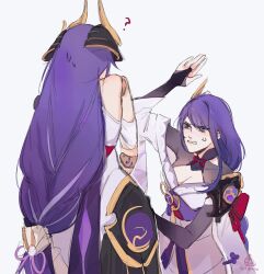 2girls ? absurdres anger_vein artist_name black_gloves breasts bridal_gauntlets cleavage doll_joints genshin_impact gloves headgear highres japanese_clothes joints kimono long_hair multiple_girls ninan_nnn parted_lips purple_eyes purple_hair purple_kimono raiden_shogun raiden_shogun_(magatsu_mitake_narukami_no_mikoto) sketch upper_body