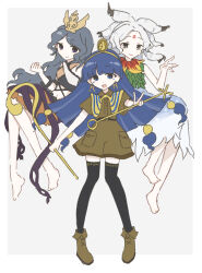 3girls absurdres ancient_egyptian_clothes barefoot black_eyes black_thighhighs blue_eyes blue_hair blue_shirt blue_skirt boots brown_boots brown_shorts chirizuka_ubame closed_mouth collared_shirt commentary earrings fossilized_wonders full_body grey_background grey_eyes grey_hair hashtag-only_commentary highres houjuu_chimi jewelry key_earrings long_hair looking_at_viewer michigami_nareko multiple_girls navel open_mouth purple_skirt shirt shorts sitting skirt sleeveless sleeveless_shirt smile standing thighhighs touhou two-tone_background white_hair wusem0108