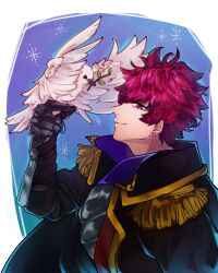 1boy armor bird bird_on_hand black_coat blue_background closed_mouth coat dove earrings epaulettes fate/prototype fate/prototype:_fragments_of_blue_and_silver fate_(series) from_side highres jewelry looking_at_viewer lucius_tiberius_(fate) male_focus messy_hair muzuki_muzuki popped_collar profile purple_eyes red_hair simple_background smile solo stud_earrings upper_body