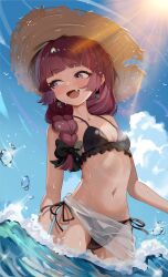 1girl :d absurdres agm bare_arms bare_shoulders bikini bird black_bikini black_bow blue_sky blunt_bangs blush bocchi_the_rock! bow braid breasts cloud collarbone commentary dot_nose earrings english_commentary fang frilled_bikini_top hair_over_shoulder halterneck hanafuda_earrings hat highres hiroi_kikuri jewelry light_rays long_hair navel ocean open_mouth outdoors purple_eyes purple_hair sarong seagull side-tie_bikini_bottom sidelocks sideways_glance sky small_breasts smile solo summer sun_hat sunlight swimsuit wading water_drop wet