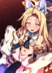 1boy 1girl animal_ear_fluff animal_ears armlet bare_shoulders bikini blonde_hair blue_archive blush bracelet breasts censored doodle_sensei_(blue_archive) flower forehead fox_ears hair_flower hair_ornament halo hetero highres jewelry lifting_person loli long_hair looking_at_viewer micro_bikini multicolored_eyes navel necktie nipples okina_ika open_mouth parted_bangs penis sailor_collar seia_(blue_archive) sensei_(blue_archive) sidelocks small_breasts smile spread_legs swimsuit tail thighhighs thighs white_bikini white_sailor_collar white_thighhighs yellow_eyes