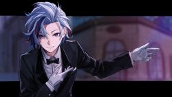 Rule 34 | 1boy, absurdres, alternate costume, black bow, black bowtie, black jacket, blurry, blurry background, bow, bowing and scraping, bowtie, formal clothes, fuwa minato, gloves, grey hair, highres, jacket, leaning forward, looking at viewer, male focus, multicolored hair, nijisanji, purple eyes, purple hair, red hair, shirt, short hair, smile, solo, streaked hair, suit, suru (seiya), upper body, virtual youtuber, white gloves, white shirt