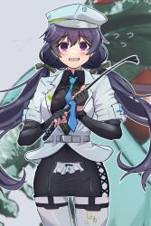 1girl :d @_@ absurdres black_gloves black_skirt blue_necktie blush breasts commentary_request cosplay cross-laced_clothes cross-laced_skirt elbow_gloves embarrassed fingerless_gloves florence_(girls&#039;_frontline_2) girls&#039;_frontline girls&#039;_frontline_2:_exilium gloves hair_between_eyes hands_up hat highres hip_focus holding holding_whip jacket long_hair lotan lotta_(girls&#039;_frontline_2) medium_breasts miniskirt necktie nervous_smile open_mouth pa-15_(girls&#039;_frontline) pa-15_(girls&#039;_frontline)_(cosplay) pantyhose purple_eyes purple_hair skindentation skirt smile solo standing thigh_strap thighs twintails very_long_hair white_jacket