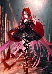 1girl absurdly_long_hair arm_at_side bandaged_leg bandages black_bandages black_bow black_dress black_nails black_shoes bow bracelet braid bug butterfly choker closed_mouth crossed_legs dress fate/grand_order fate_(series) fingernails floating_hair full_body game_cg hand_up high_heels hotosoka insect jewelry long_hair long_sleeves looking_at_viewer official_art one_eye_covered red_butterfly red_choker red_hair shoes short_dress smile solo standing third-party_source typhon_ephemeros_(fate) typhon_ephemeros_(second_ascension)_(fate) variant_set very_long_hair wide_sleeves yellow_eyes