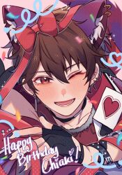 1boy animal_ear_piercing animal_ears black_gloves black_nails bow brown_hair character_name ear_piercing english_text ensemble_stars! fingerless_gloves fingernails gloves hair_between_eyes happy_birthday heart highres looking_at_viewer lower_teeth_only male_focus morisawa_chiaki neki_(nekiansu0918) official_alternate_costume one_eye_closed open_mouth piercing red_bow red_eyes red_ribbon ribbon sharp_fingernails short_hair smile teeth upper_body