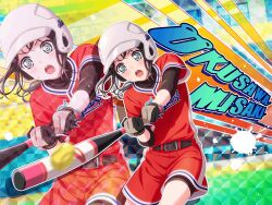 Rule 34 | 1girl, :o, anime coloring, ball, bang dream!, baseball (object), baseball bat, baseball helmet, baseball uniform, belt, belt buckle, bike shorts, bike shorts under shorts, black gloves, black hair, black undershirt, blue eyes, blush, breasts, brown belt, buckle, character name, colorful background, gloves, green background, hair ornament, hairclip, helmet, holding, holding baseball bat, iridescent, leather belt, looking at object, medium hair, metal baseball bat, official art, okusawa misaki, open mouth, paint splatter, parallel hairclips, playing sports, red shirt, red shorts, shirt, shirt under shirt, short sleeves, shorts, small breasts, softball, softball uniform, solo, sportswear, standing, sweat, sweatdrop, swinging baseball bat, teeth, upper teeth only, v-shaped eyebrows, white helmet, yellow background, zoom layer