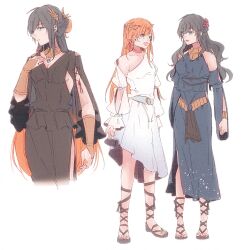 3girls alternate_costume ancient_greek_clothes bare_shoulders black_dress black_hair blue_dress blue_eyes breasts dress ff14hioo_oo7 final_fantasy final_fantasy_xiv flower gaia_(ff14) gladiator_sandals greco-roman_clothes hair_flower hair_ornament hair_ribbon multiple_girls orange_hair pandora_(ff14) peplos ribbon ryne_waters sandals white_background white_dress
