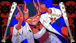1girl :d arms_up bandaid bandaid_on_face bandaid_on_nose baseball_bat black_nails blue_hair chest_harness chest_sarashi colored_skin earrings fangs flat_chest harness heart heart_o-ring highres horn_ornament horn_ring horns horns_pose jacket jewelry long_hair looking_at_viewer louder_louder_(vocaloid) mrfluffyspiky nail_(hardware) nail_bat navel o-ring o-ring_harness oni open_clothes open_jacket open_mouth pants piercing red_skin sarashi skin-covered_horns slit_pupils smile solo teeth tongue tongue_piercing twintails white_jacket white_pants yellow_eyes