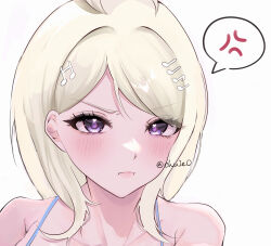 1girl ahoge akamatsu_kaede anger_vein bare_shoulders blonde_hair blush collarbone danganronpa_(series) danganronpa_v3:_killing_harmony fortissimo hair_ornament highres long_hair musical_note musical_note_hair_ornament o_soba_(soba3ly) pink_eyes portrait pout simple_background spoken_anger_vein white_background