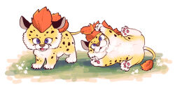 2others animal blue_eyes commentary_request creature creature_focus dragon_quest great_sabrecub im5364 looking_at_viewer lying multiple_others on_side orange_fur pawing pawpads sharp_teeth spotted_fur tail teeth white_background white_fur yellow_fur