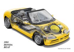 car convertible engine honda honda_beat motor_vehicle no_humans original realistic shadow simple_background spare_tire sports_car unused_tire vehicle_focus vehicle_name white_background x-ray yamada_jiro_(artist)
