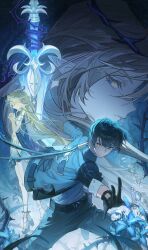 1boy 2girls absurdres black_dress black_gloves black_hair black_jacket black_pants blonde_hair blue_eyes cartethyia_(wuthering_waves) closed_mouth commentary crown_of_thorns dress dual_persona earrings fleurdelys_(wuthering_waves) gloves grey_shirt highres ice_(ice009) jacket jewelry long_hair looking_at_viewer male_rover_(wuthering_waves) multiple_girls own_hands_clasped own_hands_together pants pointy_ears rover_(wuthering_waves) shirt sidelocks tabard white_tabard wuthering_waves