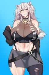 Rule 34 | 1girl, animal ears, areola slip, black shirt, black skirt, breasts, cleavage, coat, fur-trimmed jacket, fur trim, grey eyes, highres, hololive, jacket, large breasts, lion ears, lion girl, midriff, natedecock, navel, open clothes, open coat, piercing, see-through clothes, see-through cleavage, shirt, shishiro botan, shishiro botan (1st costume), silver hair, single leg pantyhose, skirt, solo, thighs, virtual youtuber, zipper