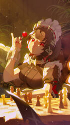 1girl absurdres board_game breasts brown_hair candy chess chess_piece ellen_joe food hand_up highres holding holding_candy holding_food holding_lollipop hy_jinx large_breasts lollipop looking_at_viewer maid maid_headdress multicolored_hair parted_lips red_eyes red_hair sitting solo teeth two-tone_hair zenless_zone_zero
