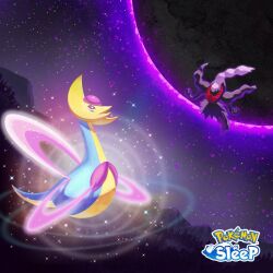 Rule 34 | bright pupils, commentary request, copyright name, cresselia, darkrai, gen 4 pokemon, glowing, legendary pokemon, moon, mountainous horizon, mythical pokemon, nintendo, no humans, official art, outdoors, pokemon, pokemon (creature), pokemon focus, pokemon sleep, purple eyes, sky, white pupils