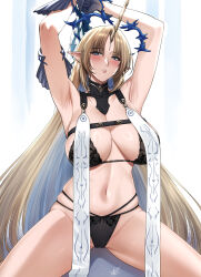 1girl armor armpits arms_up bare_shoulders black_bra black_collar black_panties blonde_hair blue_eyes blue_hands blush bra breast_curtains breasts cleavage collar colored_inner_hair commentary crown_of_thorns detached_collar fleurdelys_(wuthering_waves) floating_crown highres holding holding_sword holding_weapon horns large_breasts long_hair looking_to_the_side multicolored_hair navel panties parted_bangs parted_lips pointy_ears shoulder_armor signature simple_background single_horn solo spread_legs sword tabard tacet_mark_(wuthering_waves) underwear very_long_hair weapon white_background white_tabard wuthering_waves xter yellow_horns
