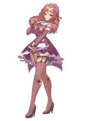 1girl artist_request breasts brown_eyes brown_hair closed_mouth dress drill_hair elbow_gloves flower frilled_dress frills gloves hand_on_own_chest high_heels highres holding holding_knife jewelry knife long_hair maid maid_headdress mara_vespidae necklace official_art purple_dress purple_flower purple_garter_straps purple_shoes see-through_cleavage see-through_clothes shoes smile solo thighhighs vallure virtual_youtuber