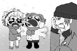 1boy 2girls aigis_(persona) aragaki_shinjirou beanie buttons chibi clenched_teeth closed_eyes coat crying crying_with_eyes_open double-breasted flailing frustrated greyscale hair_ornament hairband hairclip hat highres jukgidoraon long_sleeves medium_hair mittens monochrome multiple_girls open_mouth persona persona_3 persona_3_portable plaid_clothes plaid_skirt pleated_skirt pointing pointing_at_another ponytail sad scarf shiomi_kotone short_hair skirt snowing sweater tearing_up tears teeth tongue tongue_out tongue_stuck_frozen winter