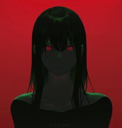 Rule 34 | 1girl, 23i2ko, :|, backlighting, black hair, black shirt, blunt bangs, closed mouth, hair between eyes, hair over shoulder, long hair, looking at viewer, original, portrait, red background, shirt, sidelocks, simple background, solo, spot color