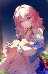 1girl acorn badge black_choker blue_eyes blue_jacket blue_skirt blurry blurry_background button_badge chinese_commentary choker closed_mouth commentary_request dress_shirt earrings flower_ornament highres honkai:_star_rail honkai_(series) interlocked_fingers jacket jewelry knees_up long_sleeves march_7th_(honkai:_star_rail) march_7th_(preservation)_(honkai:_star_rail) medium_hair miniskirt multicolored_eyes one_eye_closed pink_eyes pink_hair shanshanziyu shirt signature single_earring sitting skirt smile solo sublime two-tone_eyes white_shirt