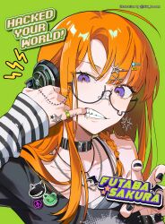 Rule 34 | 1girl, absurdres, ahoge, bandaid, bandaid on face, bandaid on nose, bare shoulders, behind-the-head headphones, bibi booom, black-framed eyewear, black choker, black nails, blunt bangs, breasts, choker, collarbone, earrings, glasses, hair ornament, hairclip, headphones, highres, jewelry, long hair, long sleeves, looking at viewer, open mouth, orange hair, persona, persona 5, purple eyes, ring, sakura futaba, shirt, solo, teeth, upper body
