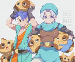 29qmatatavi 2boys 6+others aqua_hat aqua_robe aqua_tunic armlet armor arms_up belt belt_buckle black_eyes black_shirt blue_gloves blue_hair blurry blurry_background breastplate bright_pupils brown_armor brown_belt buckle choker collarbone cowboy_shot creature dragon_quest dragon_quest_vi earrings fingerless_gloves gloves gold_armlet gold_choker gold_earrings grey_gloves hat hero_(dq6) holding holding_creature hoop_earrings jewelry looking_at_another looking_down mottle_slime multiple_boys multiple_others open_mouth orange_tunic pants parted_bangs profile purple_eyes shirt short_hair terry_(dq6) toned toned_male tunic white_background white_pants white_pupils