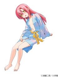 1girl blush breasts collarbone feet full_body hair_ornament hairclip hata_kenjirou hayate_no_gotoku! highres japanese_clothes katsura_hinagiku kimono legs long_hair naked_kimono navel official_art pink_hair simple_background sitting small_breasts solo thighs toes white_background yellow_eyes