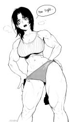 Rule 34 | 1girl, abs, artist name, breasts, cleavage, english text, highres, large breasts, medium hair, muscular, muscular female, original, radon86 nya, shorts, simple background, solo, steaming body, sweat, tank top, thick thighs, thighs, white background