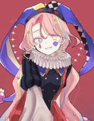 1girl checkered_clothes checkered_hat checkered_pantyhose club_(shape) diamond_(shape) hat highres jester jester_cap jikishirone long_hair madan_no_ichi multicolored_hair neck_ruff pantyhose pink_hair puffy_sleeves simple_background spade_(shape) streaked_hair striped_clothes striped_headwear striped_pantyhose tsukuno upper_body vertical-striped_clothes vertical-striped_headwear