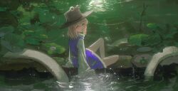 1girl :d absurdres animal axleaki blonde_hair brown_hat chinese_commentary commentary commentary_request english_commentary frilled_skirt frills frog full_body hair_ribbon hat highres leaf light_particles medium_hair mixed-language_commentary moriya_suwako open_mouth orange_ribbon outdoors plant pond purple_skirt purple_vest ribbon ripples shirt sitting skirt skirt_set sleeves_past_fingers sleeves_past_wrists smile snake solo touhou vest water white_shirt yellow_eyes