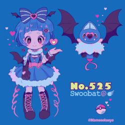 1girl black_footwear black_gloves black_wings blue_background blue_bow blue_dress blunt_bangs blush boots bow breasts character_name cleavage cleavage_cutout clothing_cutout collar creature_and_personification creatures_(company) dress earrings fangs full_body fur_trim game_freak gen_5_pokemon gloves hair_bow hair_ornament hairclip heart heart_earrings highres jewelry looking_at_viewer low_wings moemon narumame nintendo personification poke_ball poke_ball_(basic) pokedex_number pokemon pokemon_(creature) simple_background single_glove sleeveless smile standing swoobat twitter_username wings