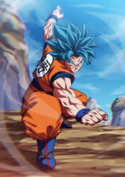 Rule 34 | 1boy, blue boots, blue eyes, blue hair, boots, chromatic aberration, commentary request, dougi, dragon ball, dragon ball super, full body, furrowed brow, male focus, muscular, muscular male, plateau, rom (20), smile, solo, son goku, super saiyan, super saiyan blue, wristband