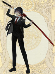 1girl black_pants black_shoes black_suit blue_eyes dairoku_ryouhei formal_clothes full_body glasses hair_ribbon highres holding holding_sword holding_weapon katana lapel_pin long_hair napthol_(tw) necktie pants ponytail red_ribbon ribbon sheath shoes solo standing suit sword unsheathing weapon yellow_background