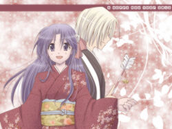 1boy 1girl 2012 alternate_costume arrow_(projectile) black_kimono blonde_hair commentary_request crusader_(ragnarok_online) dated_commentary floral_print floral_print_kimono hamaya happy_new_year high_priest_(ragnarok_online) holding holding_arrow japanese_clothes kimono long_hair looking_at_viewer new_year obi open_mouth pink_background print_kimono purple_eyes purple_hair ragnarok_online red_kimono sash sharari smile star_(symbol) upper_body yellow_sash