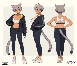absurdres animal_ears ass back breasts cat_ears cat_girl cat_tail cleavage go!_go!_gris! grey_tail hands_on_own_hips highres kara_(go!_go!_gris!) large_breasts midriff navel pants reference_sheet shoes short_hair simple_background sneakers sports_bra spotted_tail tail tan tight_clothes tight_pants two-tone_tail vertigris white_background yellow_eyes