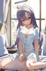 1girl black_halo blue_archive blue_eyes blue_hair blue_pajamas blue_shirt blue_shorts blurry blurry_background blush bow bow_hairband breasts cleavage closed_mouth commentary_request curtains hair_between_eyes hairband halo highres indoors long_hair majo_(pastamajo) mechanical_halo medium_breasts navel_peek official_alternate_costume pajamas print_pajamas shirt short_sleeves shorts sitting sleepwear solo thighs wariza white_bow white_hairband yuuka_(blue_archive) yuuka_(pajamas)_(blue_archive)