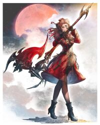 1girl ankle_boots au_ra axe black_boots black_dress black_gloves black_pantyhose boots border brown_hair commentary dragon_horns dragon_tail dress final_fantasy final_fantasy_xiv full_body gloves green_eyes high_heels highres holding holding_axe horns jacket long_hair long_sleeves looking_at_viewer moon over_shoulder pantyhose parted_lips red_jacket scales shukei solo standing tail warrior_(final_fantasy) warrior_of_light_(ff14) weapon weapon_over_shoulder white_border