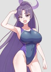 Rule 34 | 1girl, absurdres, alternate costume, blue archive, blue one-piece swimsuit, breasts, competition swimsuit, contrapposto, covered navel, grey background, halo, highleg, highleg one-piece swimsuit, highres, large breasts, long hair, minaduki0707, one-piece swimsuit, open mouth, purple eyes, purple hair, purple halo, simple background, smile, solo, swimsuit, yukari (blue archive)