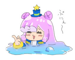 Rule 34 | 1girl, :&gt;, ^ ^, blue hat, blue jacket, blush stickers, closed eyes, double bun, hair bun, hand up, hat, index finger raised, jacket, long hair, lowres, mini hat, mini top hat, monster girl, nyaru (nyaru 4126), pink hair, puniru (puniru wa kawaii slime), puniru wa kawaii slime, simple background, slime girl, smile, solo, star (symbol), top hat, translation request, triangle mouth, white background