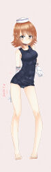 Rule 34 | 1girl, absurdres, arms behind back, barefoot, black one-piece swimsuit, breasts, brown eyes, brown hair, dixie cup hat, elbow gloves, flipped hair, full body, gloves, grey background, hat, highres, kantai collection, medium breasts, mf u c, military hat, old school swimsuit, one-piece swimsuit, richard p. leary (kancolle), school swimsuit, short hair, simple background, solo, standing, swimsuit, white gloves, white hat