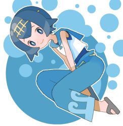 1girl blue_eyes blue_hair blue_one-piece_swimsuit blue_pants bright_pupils closed_mouth flip-flops full_body grey_sandals lana_(pokemon) nintendo one-piece_swimsuit outline pants pokemon pokemon_sm sandals shirt short_hair sicky_(pit-bull) smile solo swimsuit swimsuit_under_clothes white_outline white_pupils white_shirt