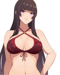 Rule 34 | 1girl, black hair, blunt bangs, bra, breasts, dead or alive, highres, hime cut, konishiki (52siki), long hair, looking at viewer, mole, mole under mouth, nyotengu, purple eyes, red bra, smile, solo, underwear, upper body, white background
