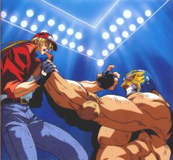2boys baseball_cap battle black_gloves blue_gloves denim fangs fatal_fury fatal_fury:_legend_of_the_hungry_wolf fighting gloves hat highres jeans jewelry luchador luchador_mask male_focus mask multiple_boys muscular muscular_male oobari_masami pants raiden ring snk terry_bogard wrestler